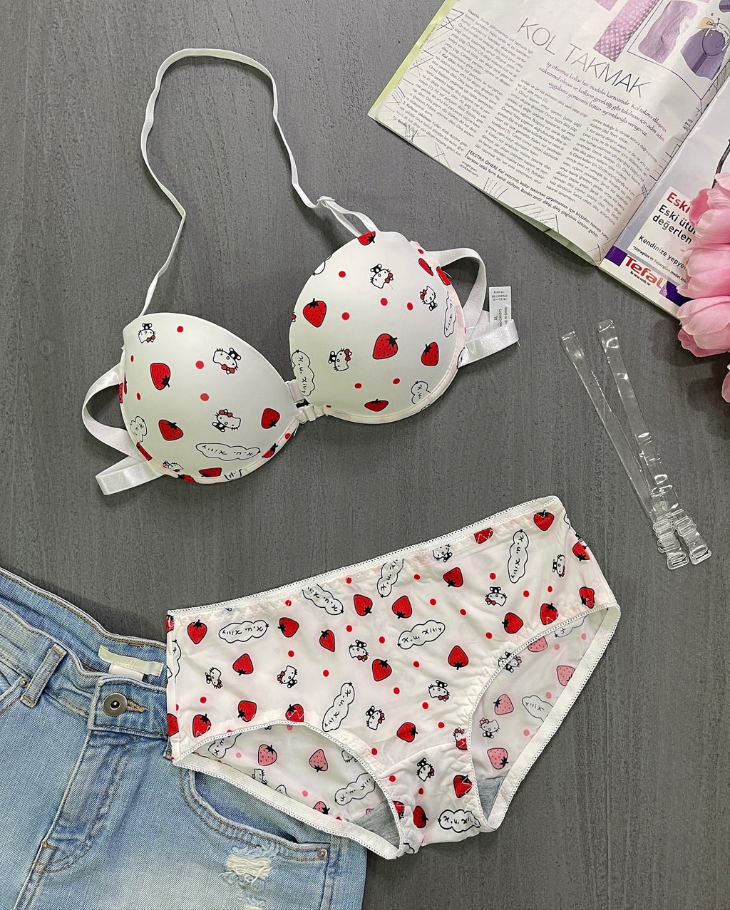 Flourish High Quality Front Open 4 In 1  Push-up Hello Kitty Print Adjustable Straps Bra Panty Set 016