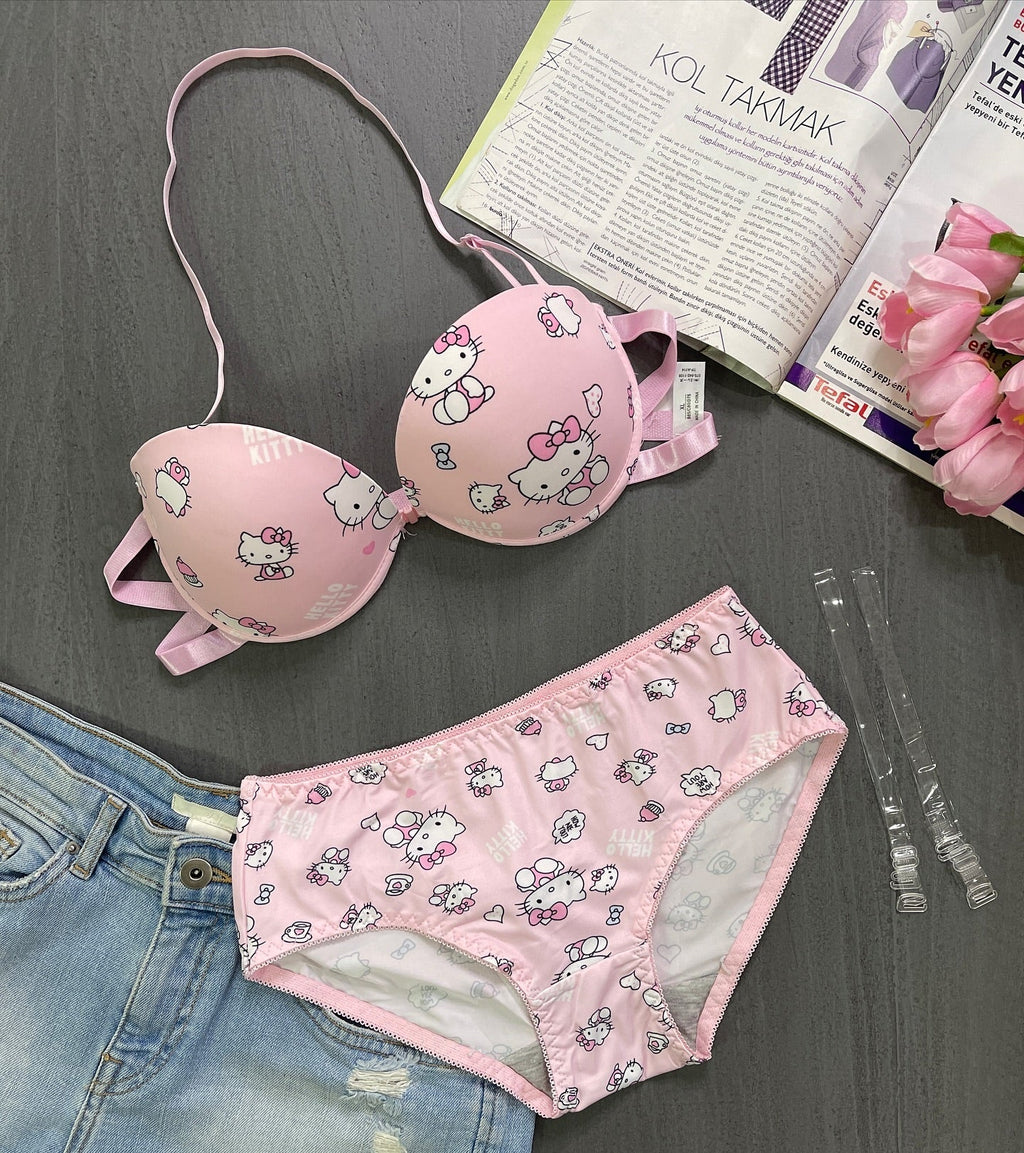 Flourish High Quality Front Open 4 In 1  Push-up Hello Kitty Print Adjustable Straps Bra Panty Set 016