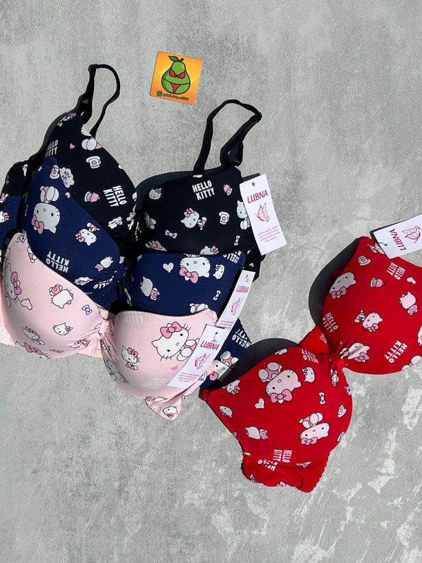 Flourish High Quality Front Open 4 In 1  Push-up Hello Kitty Print Adjustable Straps Bra Panty Set 016